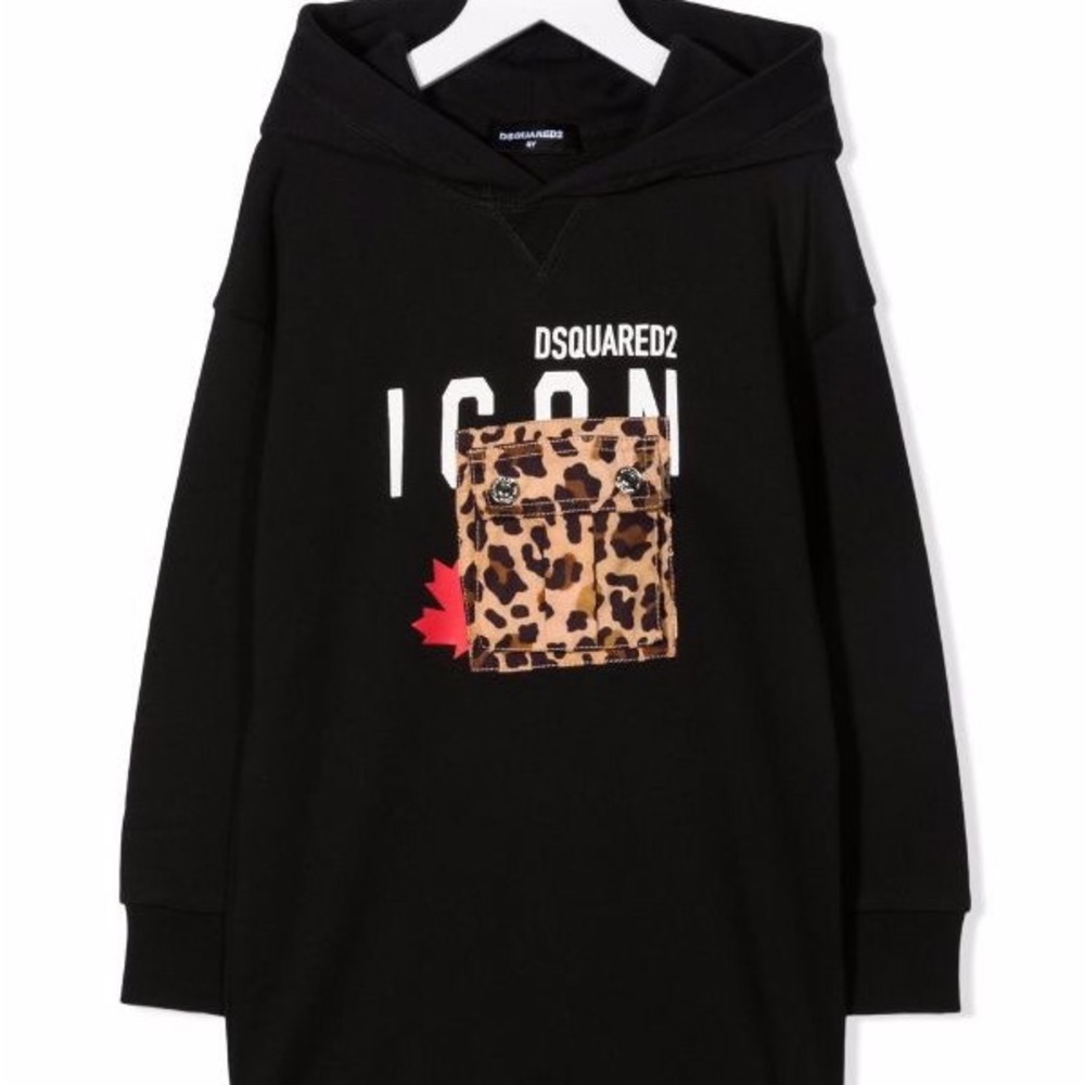 Dsquared2 Kids Leopard Pocket Hooded Dress Black Size 16Y